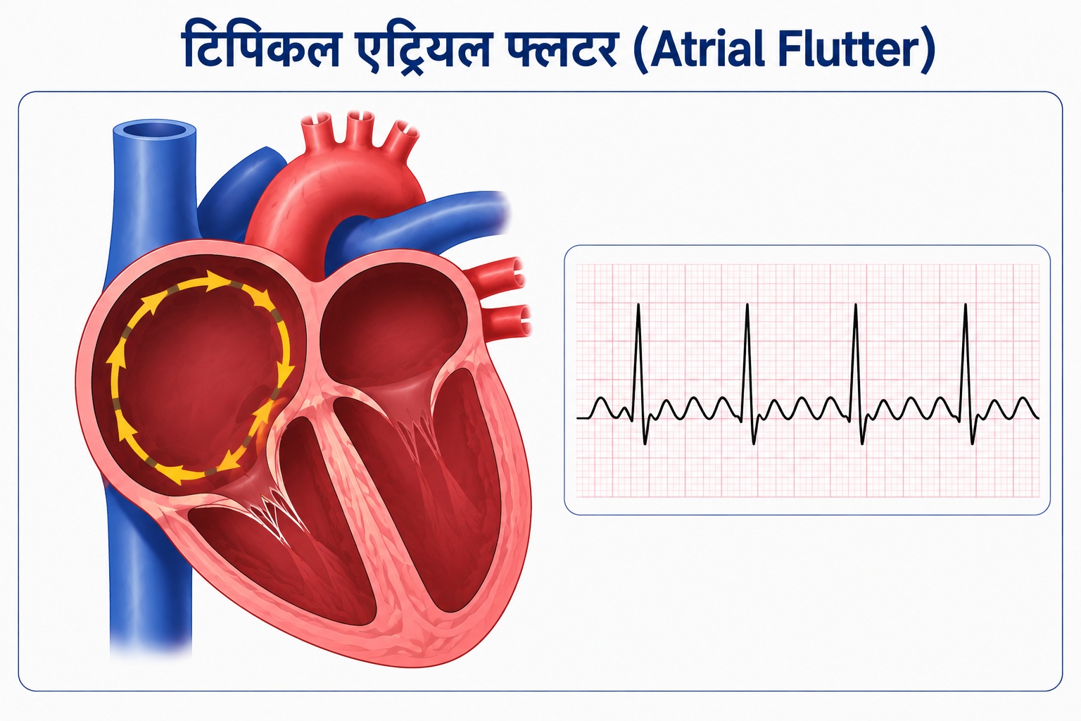 टिपिकल एट्रियल फ्लटरमा दायाँ एट्रियमभित्र घुम्ने विद्युतीय संकेत र सोसँग मिल्दो ECG ढाँचा