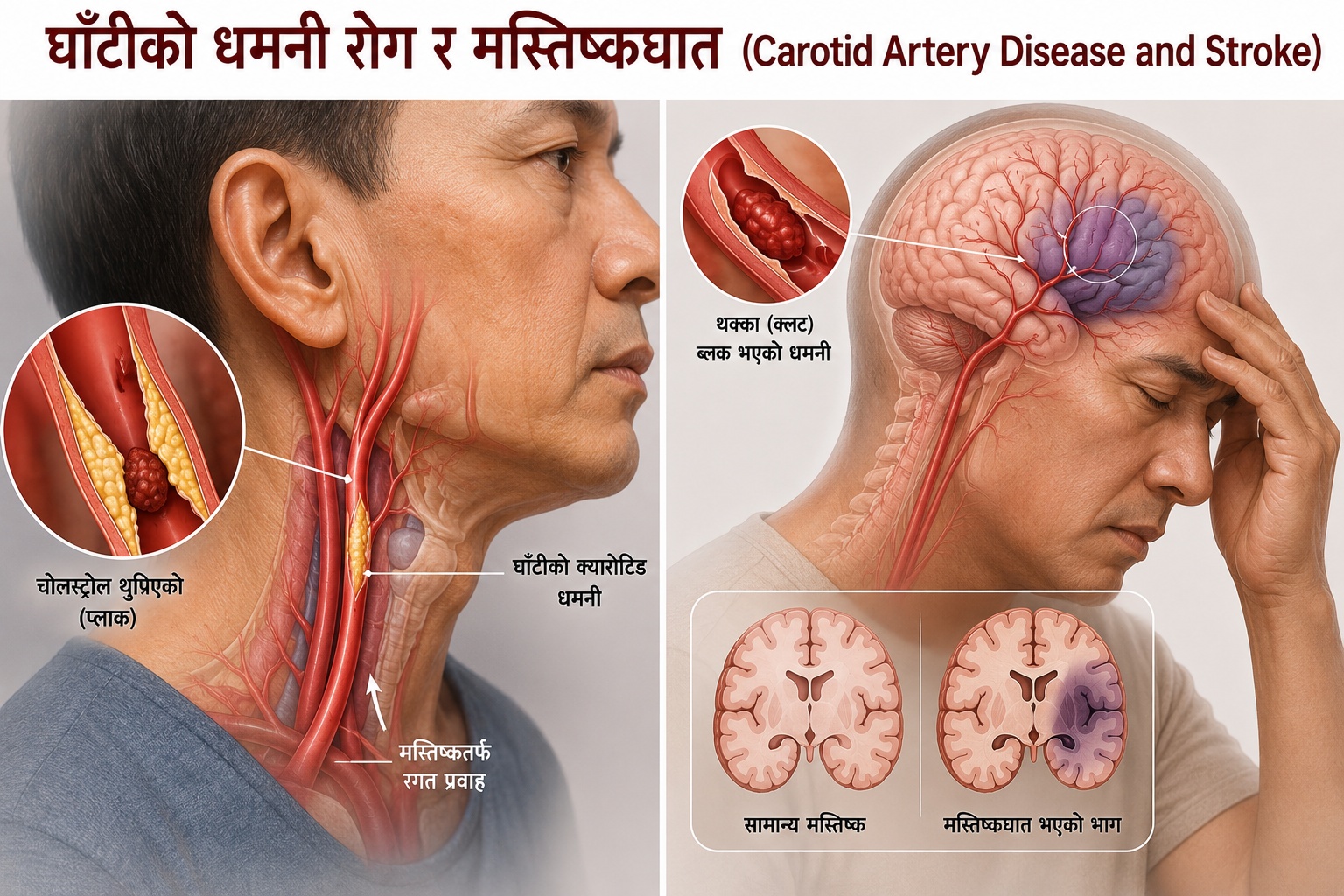 घाँटीको क्यारोटिड धमनीमा कोलेस्ट्रोल प्लाक जम्दा र त्यसबाट टुक्रा उछिट्टिएर मस्तिष्कमा रगत प्रवाह रोकिँदा हुने असर देखाउने चित्र