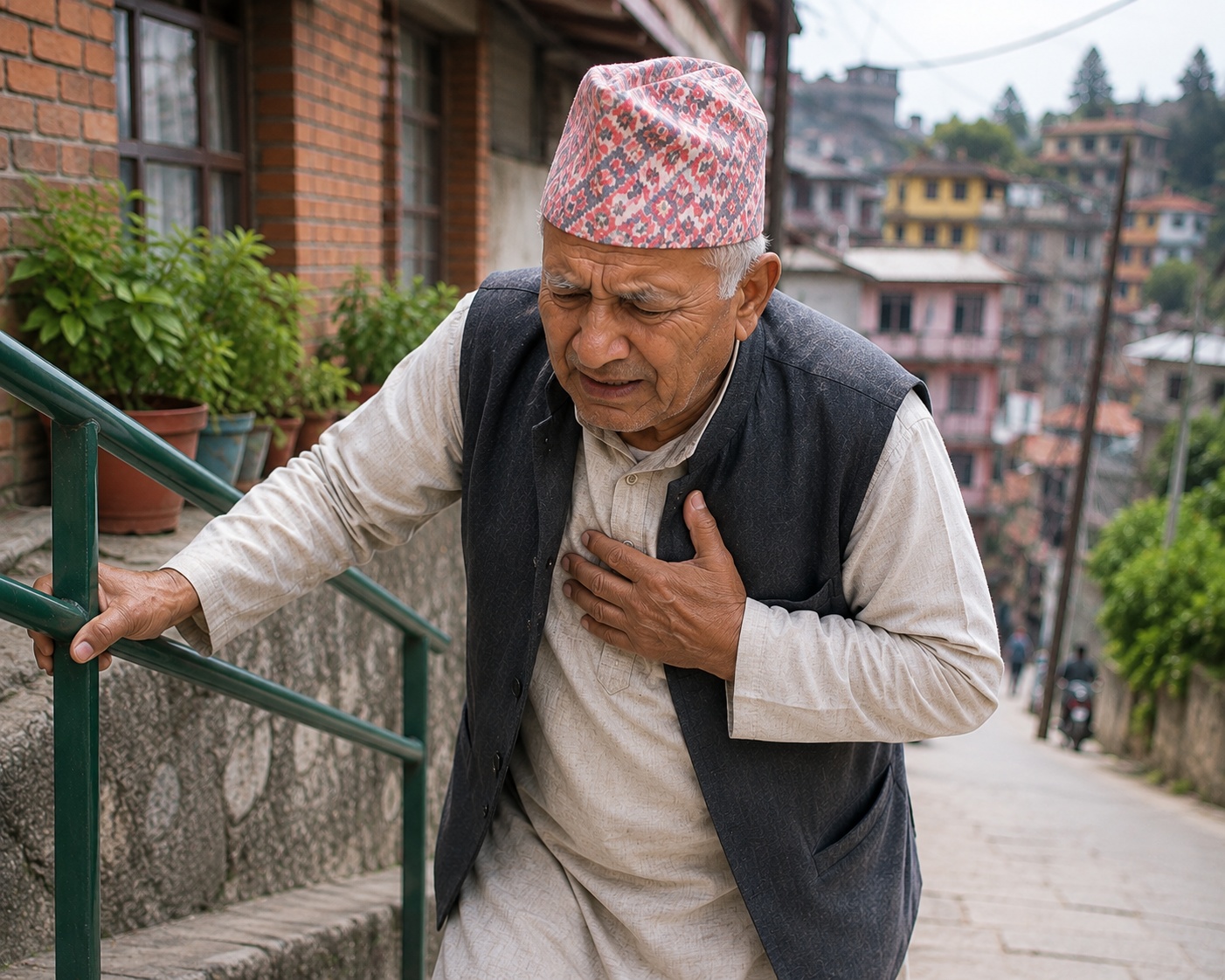 मेहनत गर्दा छातीमा दबाब भई घरको खुड्किलोमा अडिएको वृद्ध पुरुषको प्रतिनिधि चित्र