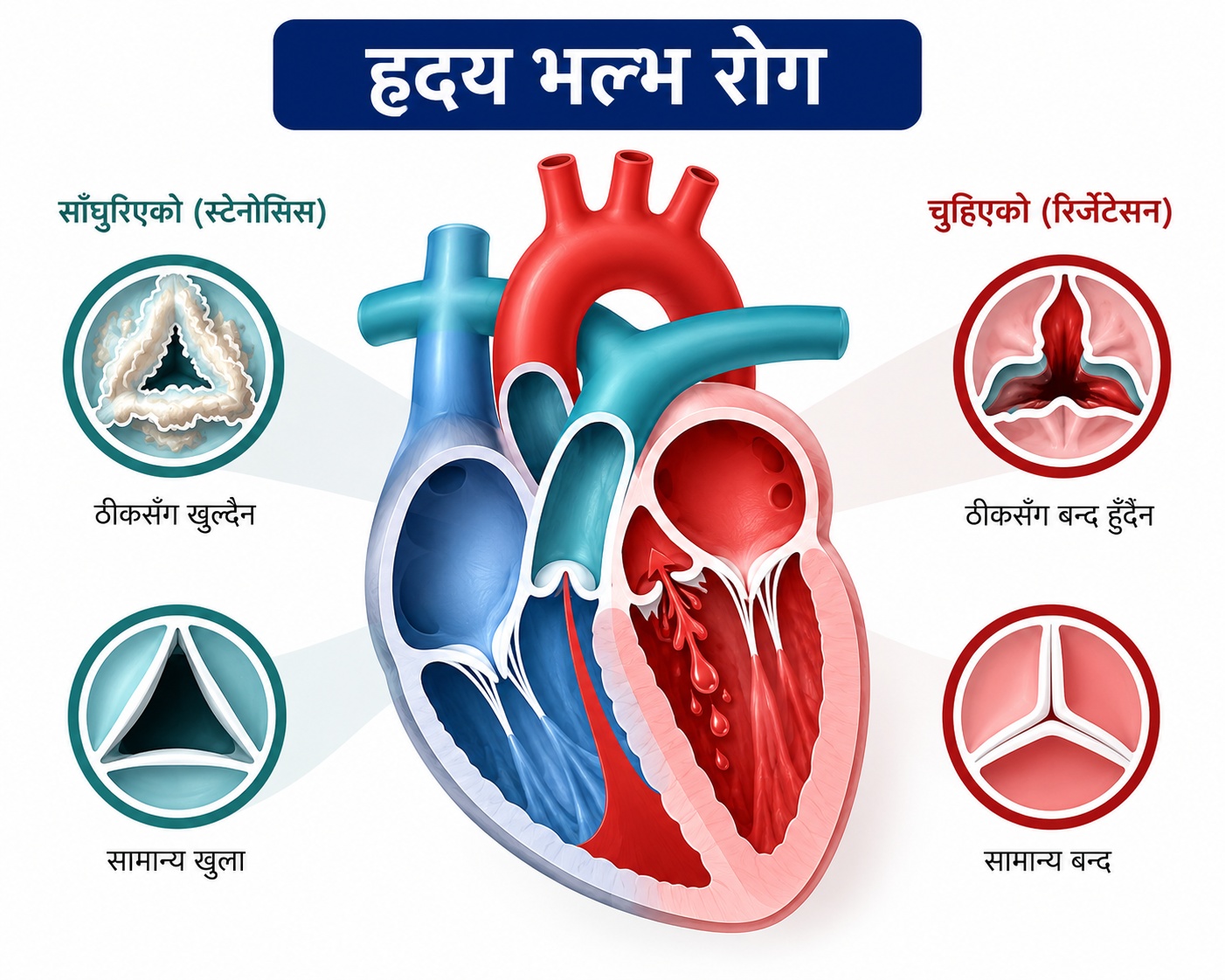 मुटुको भल्भ रोग: साँघुरिएको (स्टेनोसिस) र चुहिएको (रिगर्जिटेसन) भल्भको तुलनात्मक चित्र