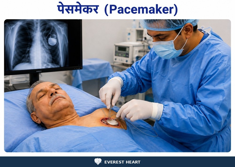पेसमेकर राख्ने शल्यक्रिया प्रक्रिया र छातीको एक्स-रेमा देखिएको पेसमेकर