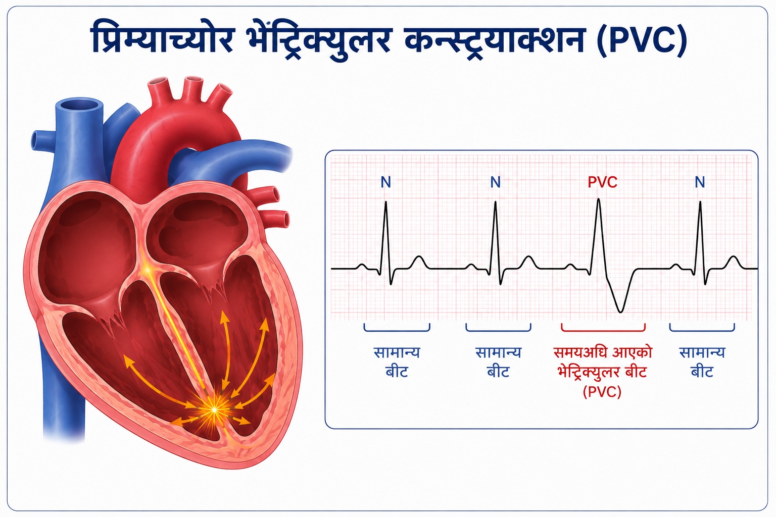मुटुको तल्लो कोठाबाट समयभन्दा चाँडो आउने अतिरिक्त धड्कन (PVC) र सोसँग मिल्दो ECG ढाँचा