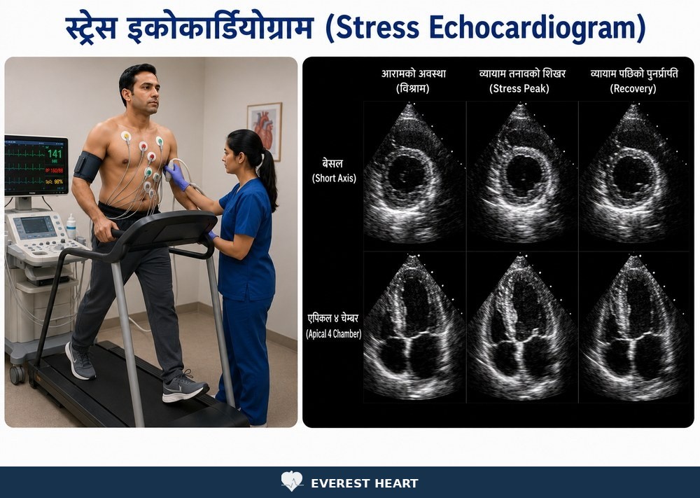 स्ट्रेस इकोकार्डियोग्राम परीक्षण र आराम/तनावको अवस्थाको इको तुलना