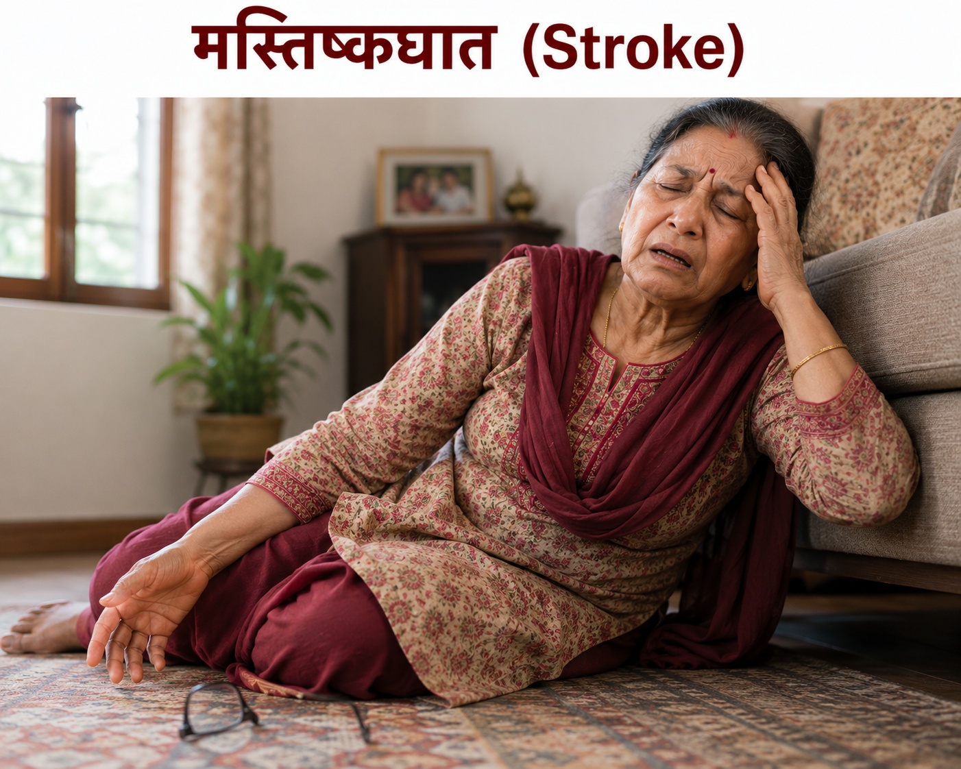 स्ट्रोकको लक्षण देखिएर घरमा बेहोस र कमजोर भएको व्यक्तिको प्रतिनिधि चित्र
