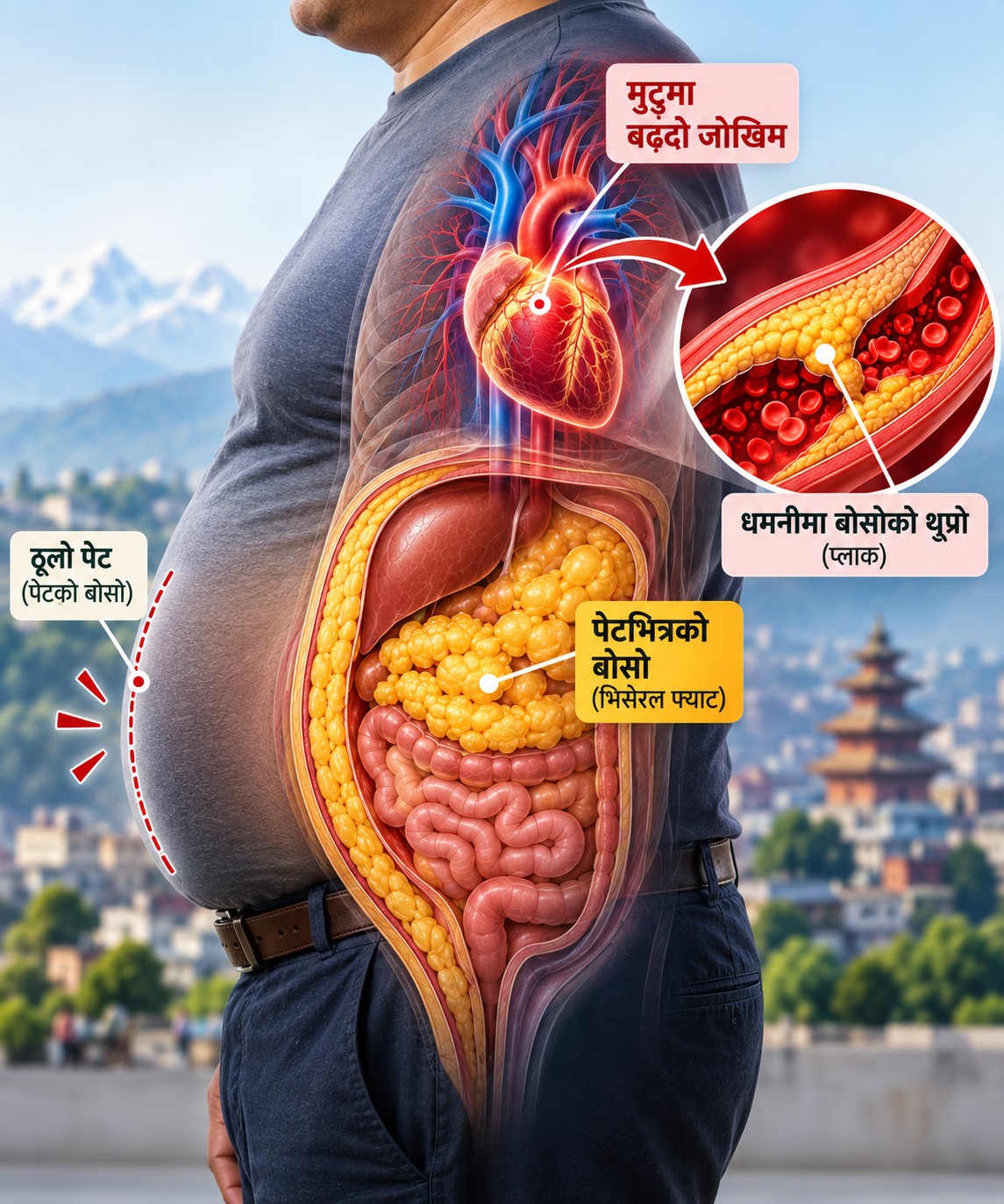 पेटभित्रको भिसेरल फ्याटले धमनीमा प्लाक जम्न सघाई मुटुमा जोखिम बढाउने चित्र