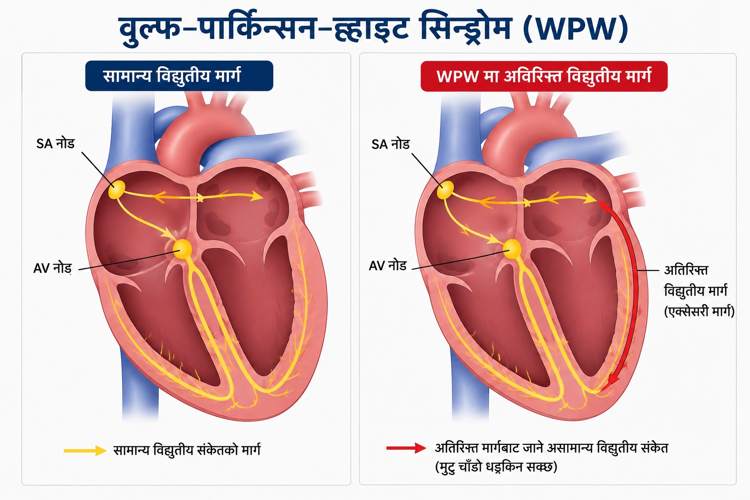 सामान्य विद्युतीय मार्ग र WPW मा हुने अतिरिक्त विद्युतीय मार्गको तुलनात्मक चित्र